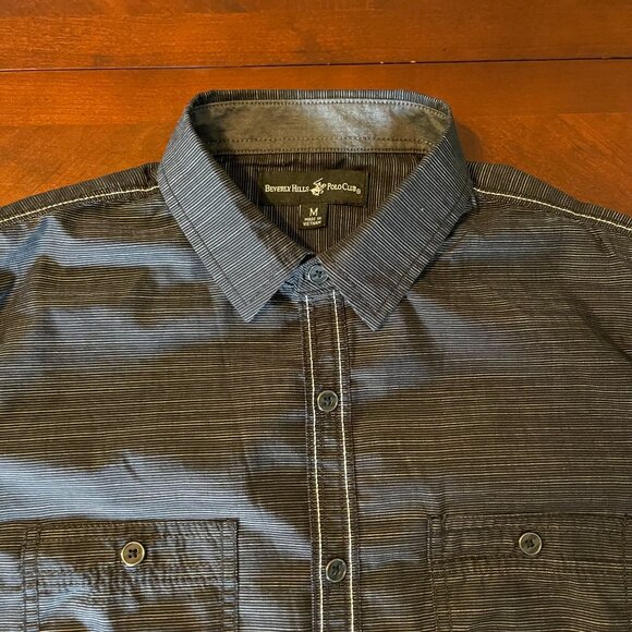 Beverly Hills Polo Club Mens Black Striped Button-Up Long Sleeve Shirt Size M - Picture 11 of 16